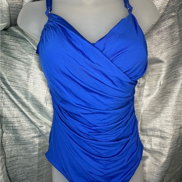 Jantzen Blue Classic Surplice Draped V-Neck One Piece Tummy Control Swimsuit ~14 - Picture 7 of 12